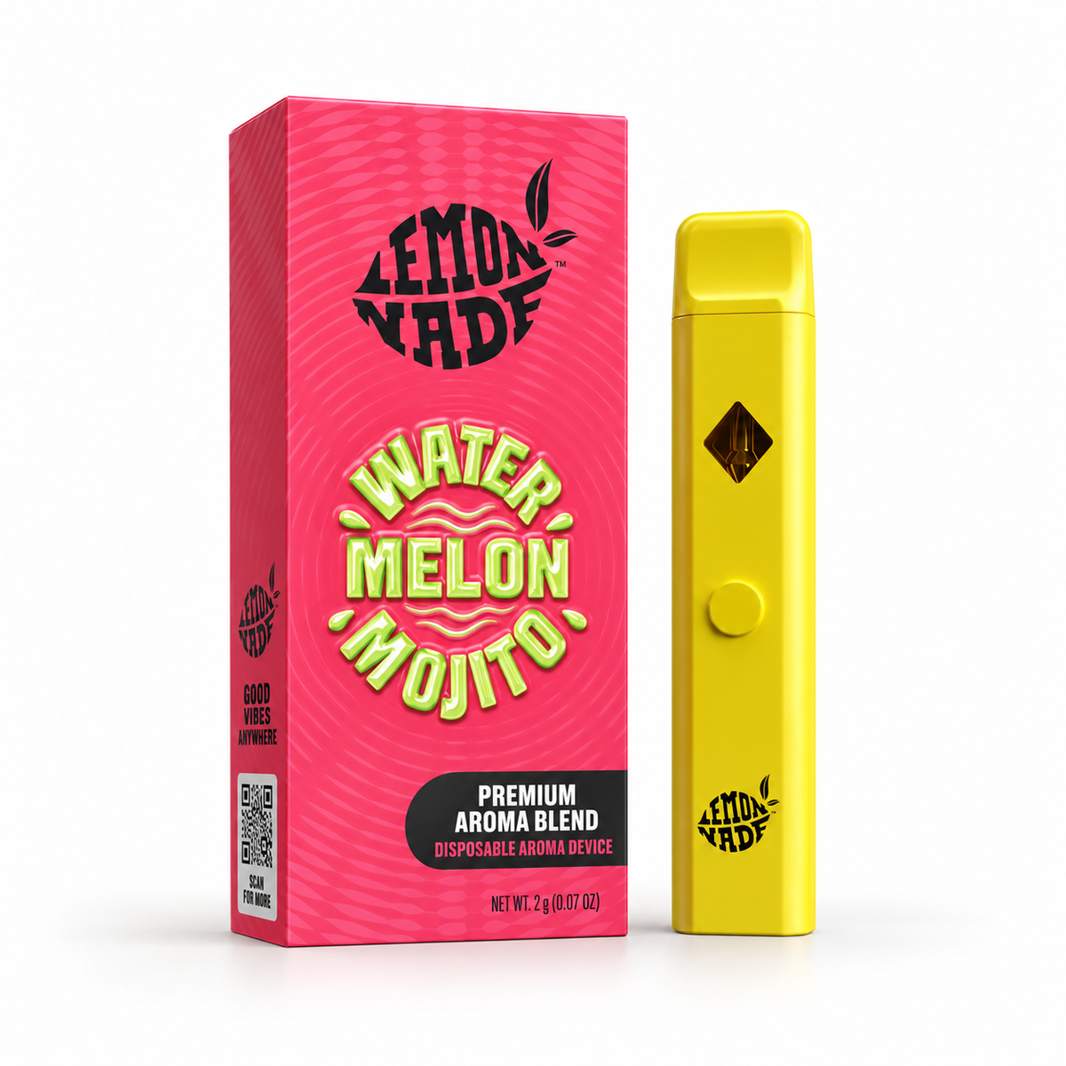 LemonNade Watermelon Mojito 2ml disposable aroma device con caja rosa y dispositivo amarillo