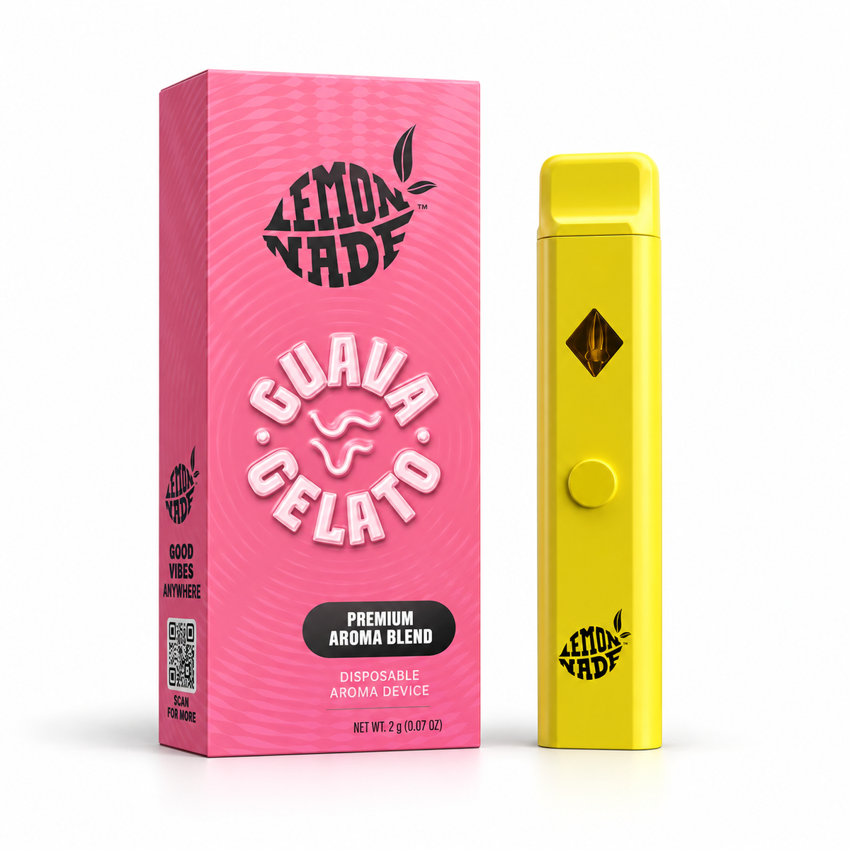 LemonNade Guava Gelato 2ml disposable aroma device con caja rosa y dispositivo amarillo
